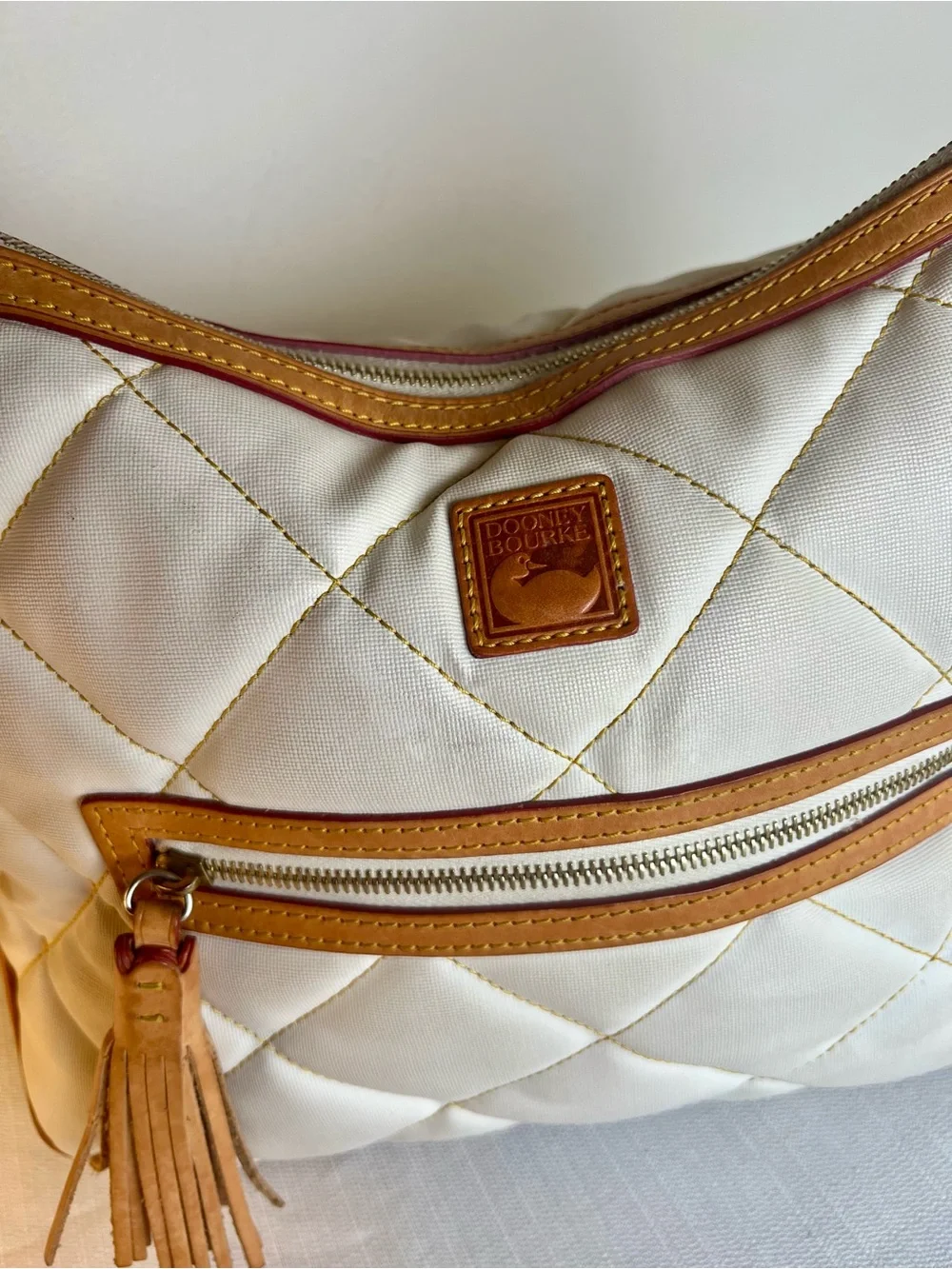Dooney & Bourke Cream Quilted Shoulder Bag with Tan Trim